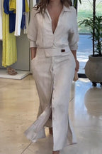 Jeanine™ | Abito lungo in lino con cintura